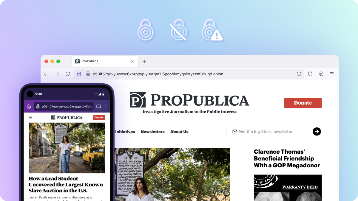 Screenshot of the ProPublica onion site in Tor Browser for desktop and Android