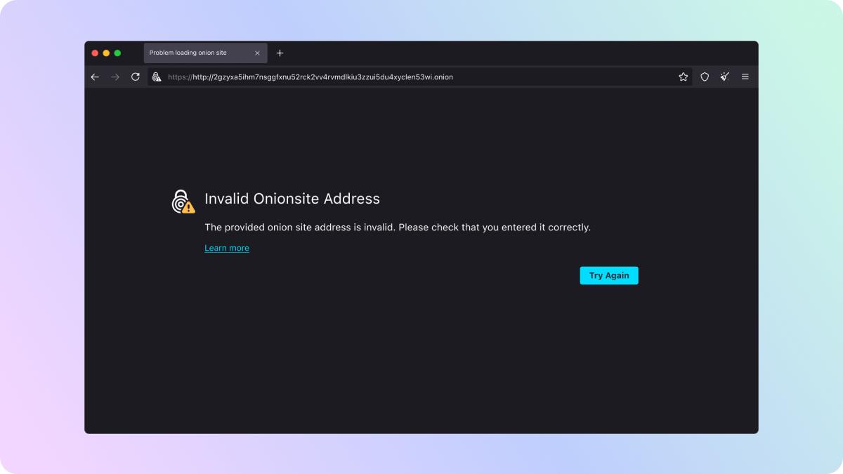 Screenshot of a desktop browser window featuring the redesigned onion site error screen