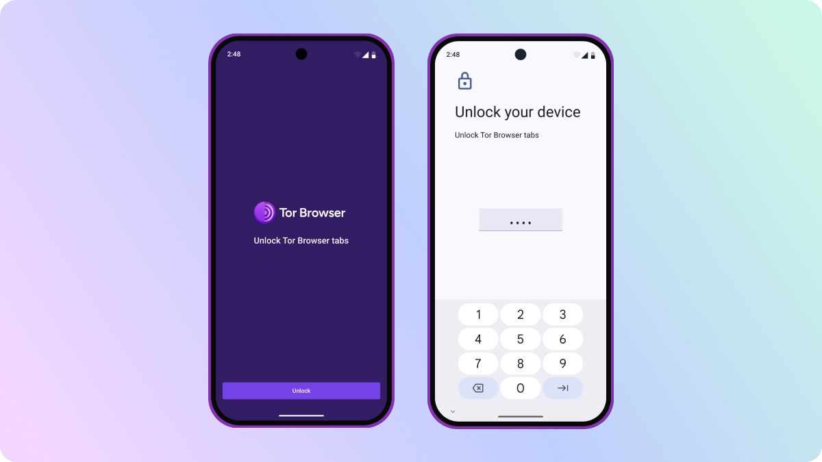 A screenshot demonstrating screen lock for Tor Browser on an Android phone, followed by a second screenshot of a passcode being entered
