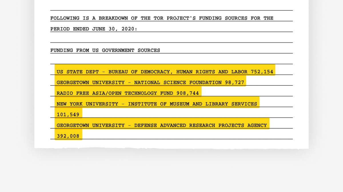 Screenshot of government support sources for the Tor Project in our 990